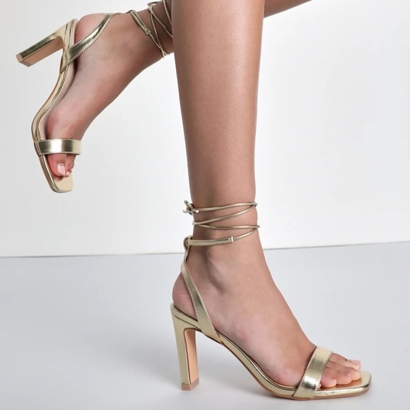 NWOT Lulus Troyes Gold Square Toe Lace-Up High Heel Sandals‎ - Picture 1 of 8